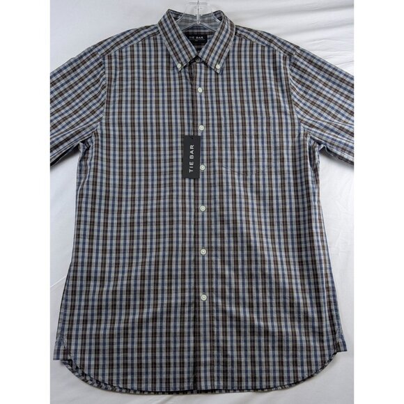 Tie Bar Trim Fit Blue Brown Plaid Button-Down Shirt Mens Small long Sleeve NWT - Picture 2 of 13